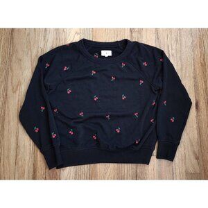 LOU & GREY Embroidered Sweatshirt Black Cherries Fun Whimiscal Cherry Terry XS